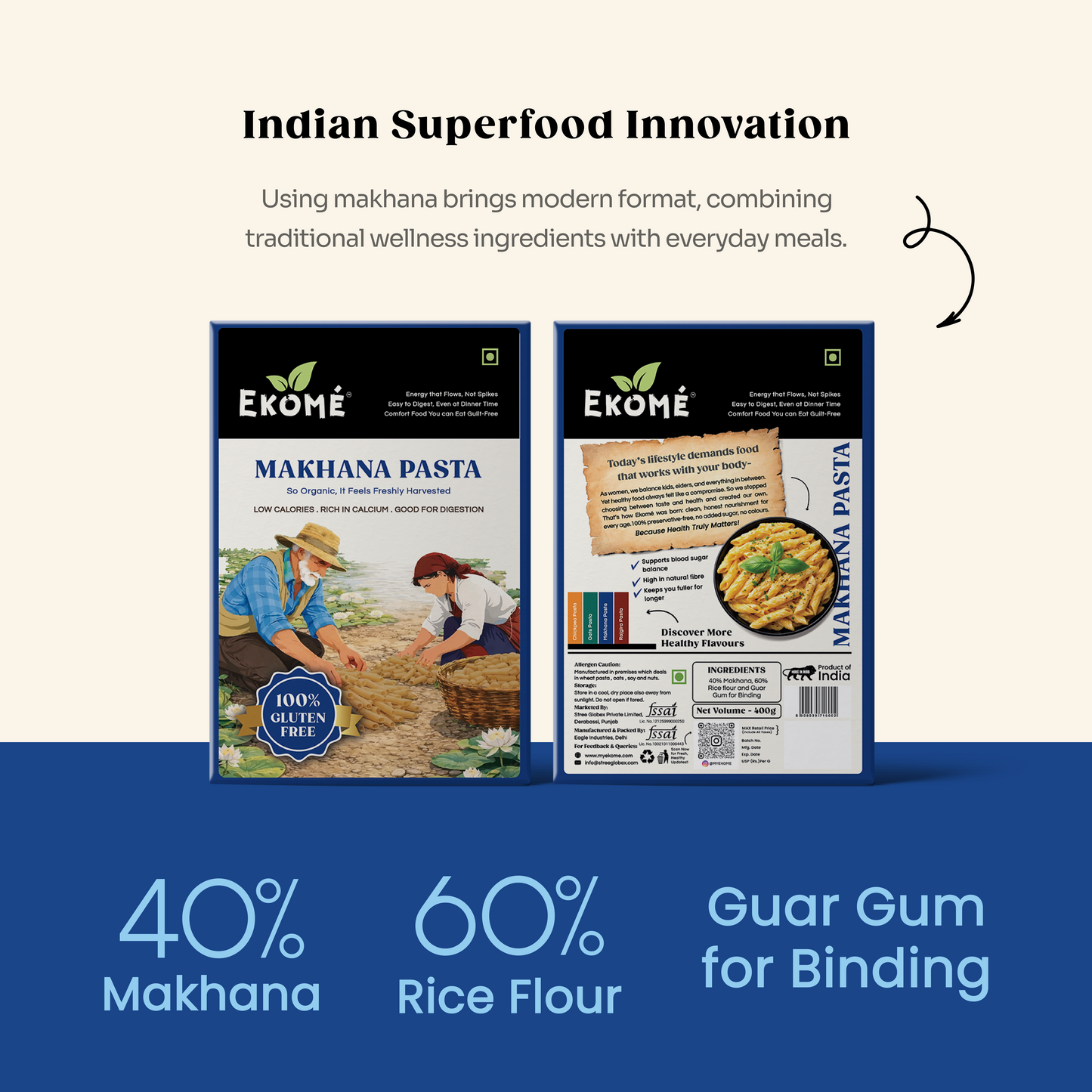 Ekomé Makhana Pasta - gluten-free fox nut penne pasta, 400g pack