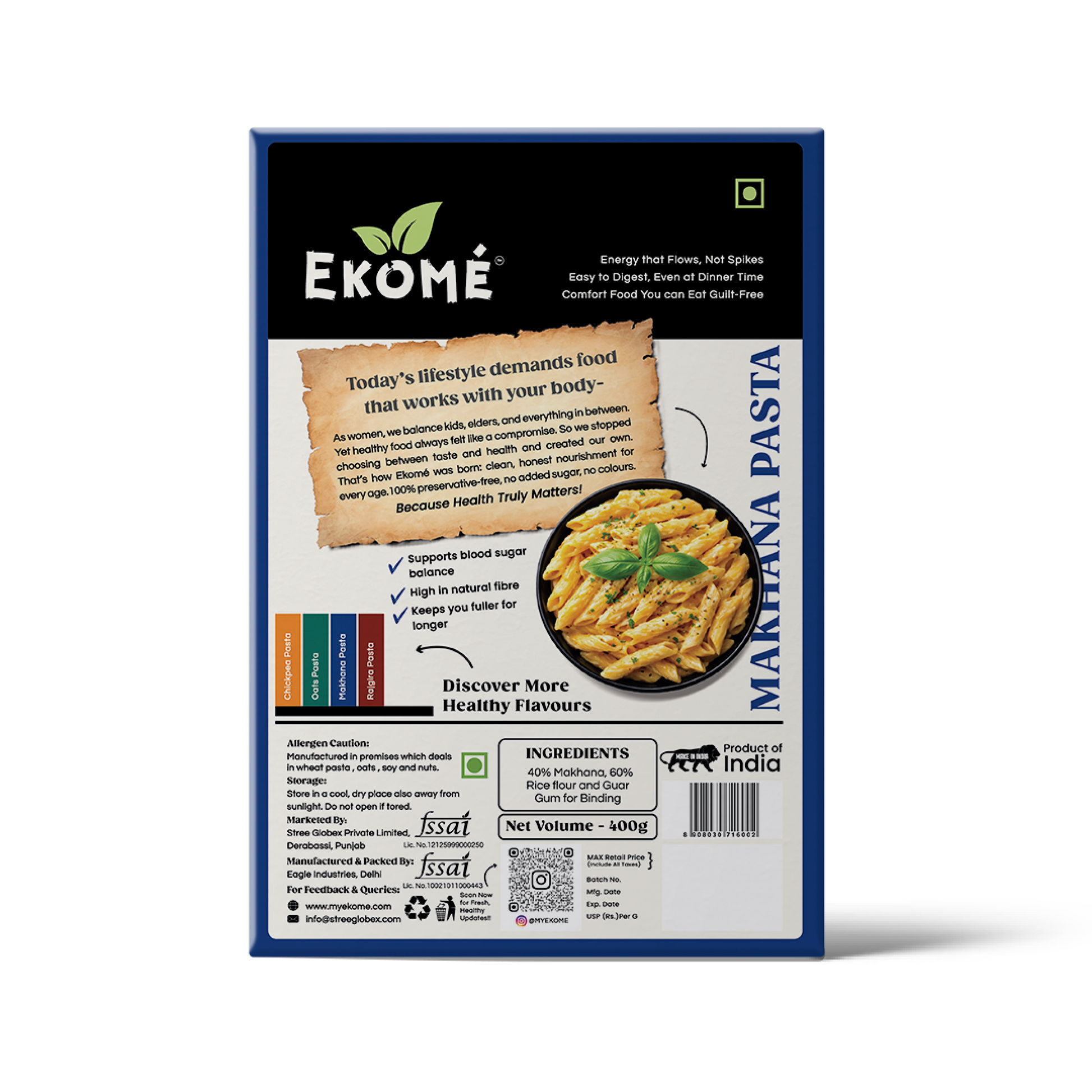 Ekomé Makhana Pasta - gluten-free fox nut penne pasta, 400g pack