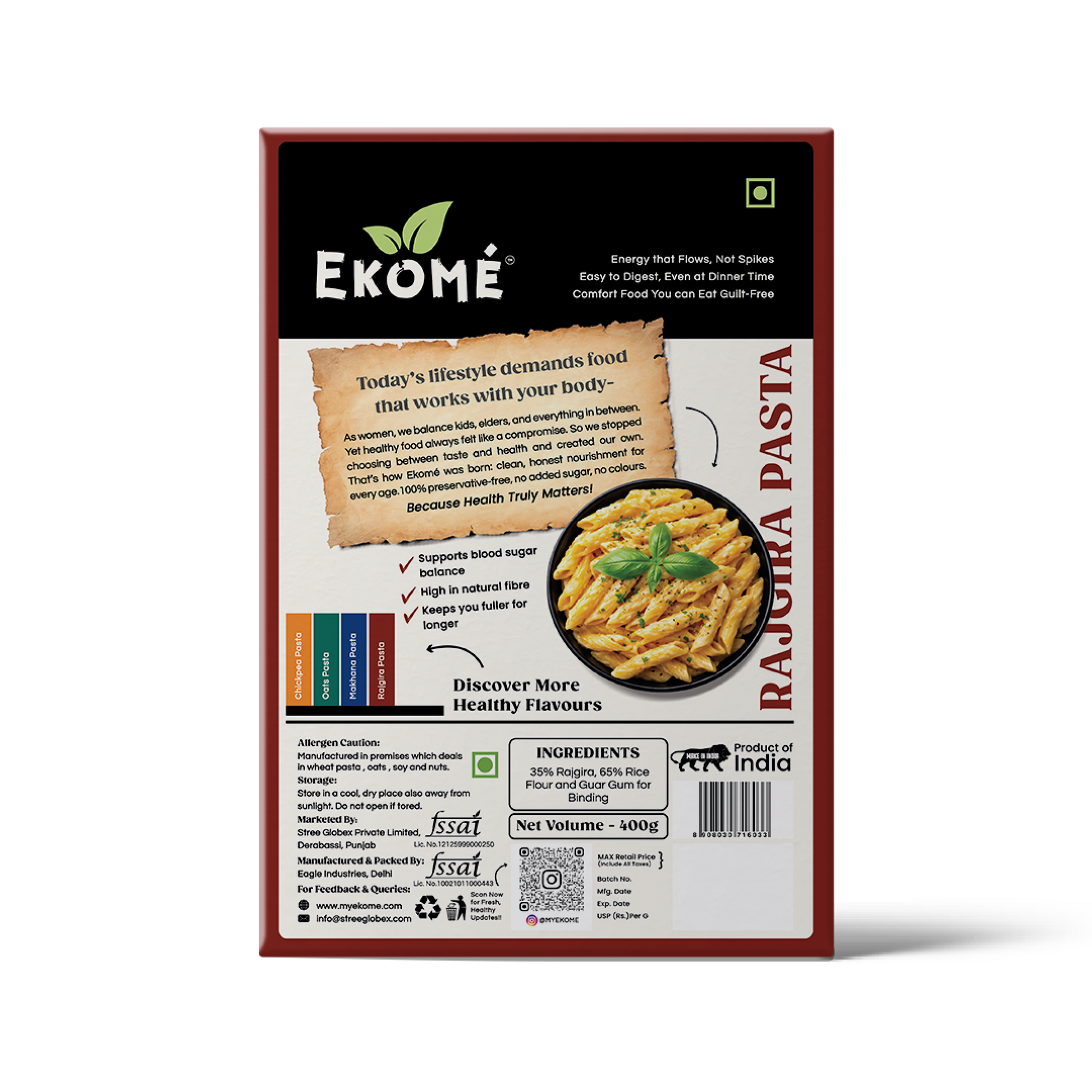 Ekomé Rajgira Pasta - gluten-free amaranth penne pasta, 400g pack
