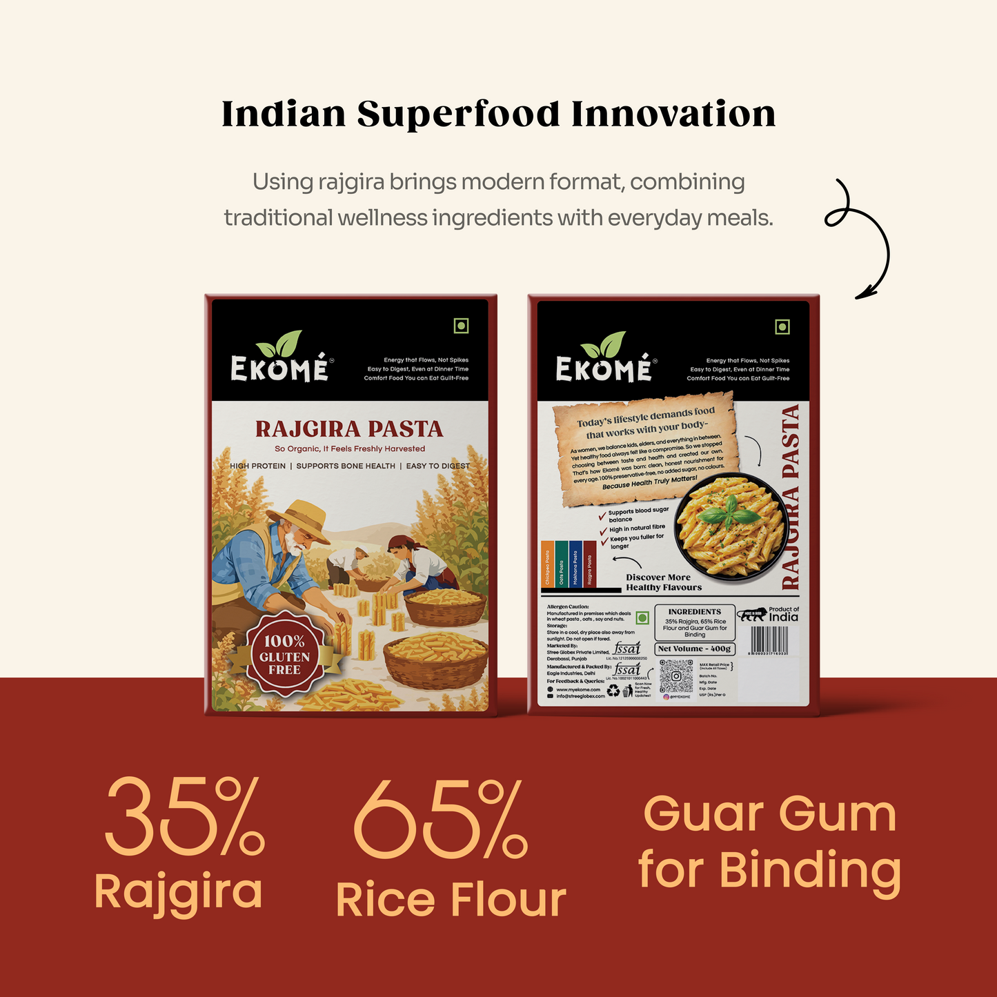 Ekomé Rajgira Pasta - gluten-free amaranth penne pasta, 400g pack
